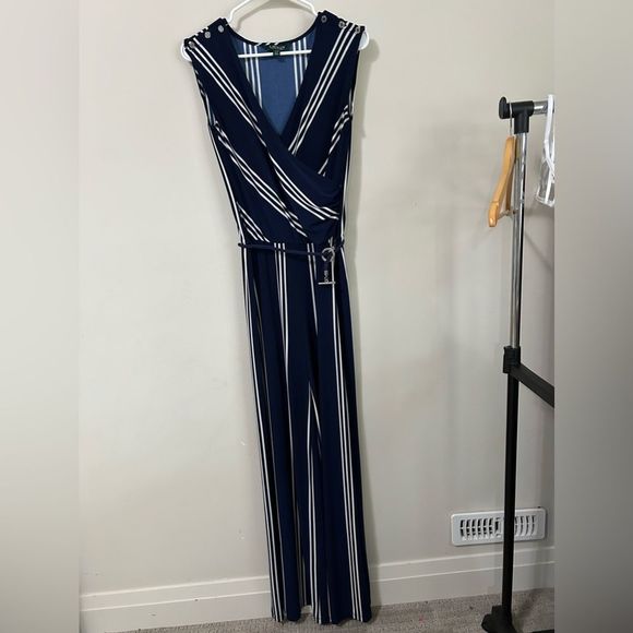 Ralph Lauren Striped Belted Jumpsuit Navy And Cream - Picture 2 of 11